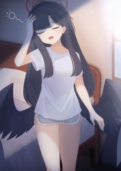Rule 34 | 1girl, akacolor, alternate costume, black hair, black wings, blue archive, blunt bangs, breasts, closed eyes, feathered wings, grey shorts, halo, highres, ichika (blue archive), low wings, medium breasts, open mouth, red halo, shirt, shorts, solo, white shirt, wings