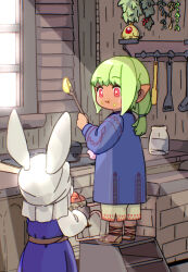 Rule 34 | 1girl, 1other, animal ears, apple, basket, blue robe, blue shirt, brick oven, cooking, eating, eyebrows hidden by hair, feet out of frame, final fantasy, final fantasy xiv, food, food on face, from behind, fruit, fruit basket, full body, green hair, herb bundle, holding, holding basket, holding cooking pot, holding spoon, jar, kitchen, ladder, ladle, lalafell, long bangs, looking at another, loporrit, naekam, oven, pointy ears, ponytail, rabbit ears, red eyes, robe, sandals, shirt, shorts, spatula, spoon, turban, warrior of light (ff14), white headwear, window shadow, wooden spoon, yellow shorts
