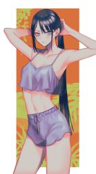 Rule 34 | 1girl, alternate costume, arms behind head, arms up, bare arms, black hair, blue shorts, blue tank top, border, breasts, closed mouth, contrapposto, cowboy shot, drawstring, earrings, expressionless, fate/grand order, fate (series), fern, flower earrings, grey eyes, hair lift, hands in hair, holding, holding own hair, jewelry, jing ke (fate), katagiri (mighty swing), long hair, looking at viewer, midriff, navel, orange background, outside border, ponytail, shorts, simple background, small breasts, solo, tank top, very long hair, white border