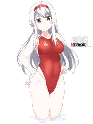 Rule 34 | 1girl, bare arms, bare legs, bare shoulders, breasts, brown eyes, character name, closed mouth, collarbone, commission, competition swimsuit, groin, hair between eyes, headband, kantai collection, large breasts, long hair, one-piece swimsuit, red headband, red one-piece swimsuit, shigino sohuzi, shoukaku (kancolle), simple background, skeb commission, smile, solo, swimsuit, white background, white hair