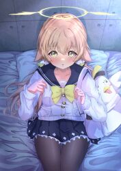 Rule 34 | 1girl, absurdres, bed sheet, black pantyhose, blue archive, blue sailor collar, blue skirt, blush, bow, commentary request, frilled skirt, frills, hair flaps, halo, hands up, hifumi (blue archive), highres, indoors, light brown hair, long hair, long sleeves, looking at viewer, looking up, low twintails, nanao (m44132yf), on bed, open mouth, pantyhose, peroro (blue archive), pillow, pleated skirt, sailor collar, school uniform, shirt, sitting, skirt, solo, twintails, white bag, white bow, white shirt, yellow eyes, yellow halo