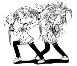 Rule 34 | 00s, 2girls, arisa glennorth, bow, bowtie, clenched hand, closed eyes, greyscale, instrument, katase shima, long hair, long sleeves, monochrome, motion lines, multiple girls, music, playing instrument, pleated skirt, puffy long sleeves, puffy sleeves, rattle, short hair, skirt, spiked hair, standing, tambourine, teeth, thighhighs, twintails, uchuu no stellvia, uniform, very long hair, zettai ryouiki