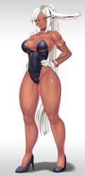 Rule 34 | 1girl, :o, absurdres, alternate hairstyle, animal ears, armlet, bangle, bare legs, bare shoulders, black footwear, blush, boku no hero academia, bracelet, breasts, castell, choker, cleavage, dark-skinned female, dark skin, full body, gloves, hands on own hips, high heels, highleg, highleg leotard, highres, jewelry, lace, lace choker, large breasts, leotard, long eyelashes, long hair, looking at viewer, mirko, parted bangs, playboy bunny, ponytail, rabbit ears, rabbit girl, raised eyebrow, red eyes, signature, skin tight, solo, thick thighs, thighs, toned, very long hair, white gloves, white hair