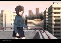 Rule 34 | 10s, 1girl, blurry, brown eyes, brown hair, building, cityscape, comic, depth of field, fujibejifu, girls und panzer, hair between eyes, hand on railing, letterboxed, long sleeves, looking at viewer, matching hair/eyes, military, military uniform, nishizumi maho, on roof, outdoors, pleated skirt, railing, shadow, short hair, skirt, skyscraper, smile, solo, text focus, translation request, uniform, window