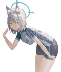 Rule 34 | 1girl, animal ears, bike jersey, bike shorts, black shorts, blue archive, blue eyes, blue halo, breasts, clothes writing, cross hair ornament, extra ears, grey hair, hair ornament, halo, highres, medium breasts, medium hair, mismatched pupils, official alternate costume, shiroko (blue archive), shiroko (cycling) (blue archive), short sleeves, shorts, simple background, solo, sweat, white background, wolf ears, yueyue no hand