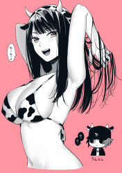 Rule 34 | 1boy, 1girl, animal ears, animal print, armpits, bikini, black hair, breasts, chibi, cleavage, collarbone, commentary request, cow ears, cow horns, cow print, ear piercing, fake horns, from side, hat, highres, horns, jacket, konkichi (flowercabbage), large breasts, long hair, navel, open mouth, original, piercing, pink background, round teeth, short hair, swimsuit, teeth, translation request, upper body