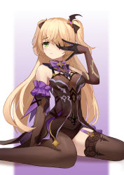 1girl, absurdres, arm garter, asymmetrical legwear, black bodysuit, black gloves, black legwear, black ribbon, blonde hair, blush, bodysuit, bow, bowtie, breasts, chinese commentary, cleavage, closed mouth, detached sleeves, eyepatch, fischl (genshin impact), fishnet bodysuit, fishnets, flyyao, garter straps, genshin impact, gloves, green eyes, hair ornament, hair ribbon, hand on own face, highres, long hair, looking away, medium breasts, one eye covered, pantyhose, purple background, purple bow, purple neckwear, ribbon, simple background, single leg pantyhose, single thighhigh, sitting, solo, thighhighs, thighs, two side up, wariza