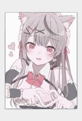 Rule 34 | 1girl, animal ear fluff, animal ears, arutya, black hair, blush, border, bow, bowtie, braid, breasts, cat ears, cleavage, commentary request, detached sleeves, ear piercing, frilled cuffs, heart, heart hands, highres, hololive, large breasts, long hair, looking at viewer, multicolored hair, open mouth, piercing, red bow, red bowtie, red eyes, sakamata chloe, side braid, solo, streaked hair, sweatdrop, two-tone hair, virtual youtuber, white border