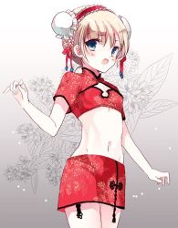 Rule 34 | 1girl, alice margatroid, alternate costume, alternate hairstyle, bad id, bad twitter id, blonde hair, blue eyes, blush, bow, chinese clothes, cierra (ra-bit), double bun, floral background, flower, gradient background, hair bun, hair ornament, hairband, lolita hairband, midriff, navel, open mouth, short hair, short sleeves, simple background, skirt, solo, stomach, touhou
