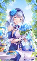 Rule 34 | 1girl, :d, arch, baby&#039;s-breath, blue bow, blue bowtie, blue dress, blue eyes, blue flower, blue gemstone, blue hair, blue hairband, blue rose, blush, bouquet, bow, bowtie, breasts, cake, choppy bangs, cleavage, cleavage cutout, clothing cutout, cup, cupcake, dress, floral arch, flower, food, gem, gloves, grey hair, haconect, hair flower, hair ornament, hairband, highres, holding, holding bouquet, ice cream, ice cream float, large breasts, long hair, looking at viewer, macaron, multicolored clothes, multicolored dress, official art, open mouth, puffy short sleeves, puffy sleeves, rose, sakura moyon, saucer, short sleeves, shoulder cutout, sidelocks, sitting, smile, solo, sophie rose, stuffed animal, stuffed toy, table, tart (food), tea, teacup, teddy bear, tiered tray, two-tone dress, very long hair, virtual youtuber, white dress, white gloves