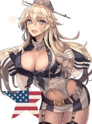 Rule 34 | 1girl, american flag, belt, belt buckle, blonde hair, blue eyes, blush, breasts, brown belt, buckle, cleavage, cowboy shot, front-tie top, garter straps, hair between eyes, highres, iowa (kancolle), kantai collection, kasumi (skchkko), large breasts, long hair, navel, open mouth, smile, solo, star-shaped pupils, star (symbol), symbol-shaped pupils, white background