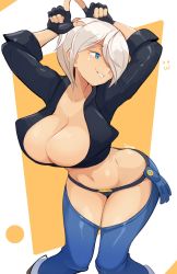 Rule 34 | 1girl, angel (kof), arms up, artist name, black gloves, blue eyes, breasts, butt crack, chaps, cleavage, cropped jacket, fingerless gloves, gloves, hair over one eye, highres, jellcaps, large breasts, leaning forward, looking away, navel, orange background, short hair, snk, solo, the king of fighters, two-tone background, white background, white hair