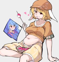 Rule 34 | 2girls, animal ears, arm support, blonde hair, blue hair, blush, breasts, brown headwear, closed mouth, collarbone, floppy ears, food, food on face, foot out of frame, grey background, hat, heart, holding, holding skewer, hood, looking at viewer, medium breasts, medium hair, multiple girls, navel, plump, rabbit ears, red eyes, ringo (touhou), seiran (touhou), shinmon akika, short sleeves, shorts, simple background, sitting, skewer, tongue, tongue out, touhou