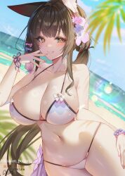Rule 34 | 1girl, animal ears, bare arms, bare legs, bare shoulders, beach, black hair, blue archive, blush, breasts, cleavage, collarbone, cowboy shot, day, eyeshadow, fox ears, grin, highres, hwansang jungdog, large breasts, long hair, looking at viewer, makeup, navel, ocean, official alternate costume, outdoors, red eyeshadow, signature, smile, solo, twitter username, wakamo (blue archive), wakamo (swimsuit) (blue archive), yellow eyes