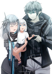 Rule 34 | 1boy, 1girl, 1other, absurdres, ambiguous gender, arknights, closed eyes, commission, erlisa takanashi, faust (arknights), feather hair, greythroat (arknights), highres, hug, if they mated, mother and child, pale skin, pointy ears, smile