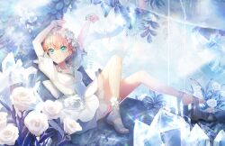 Rule 34 | 1girl, aqua eyes, arms up, back bow, bow, breasts, cleavage, collarbone, crystal, dress, dress flower, flower, game cg, head wreath, highres, hinoshita kaho, knees up, link! like! love live!, looking at viewer, love live!, medium breasts, official art, orange hair, parted lips, plant, puffy short sleeves, puffy sleeves, sandals, short dress, short hair, short sleeves, single sandal, sitting, solo, third-party source, unworn sandals, updo, vines, virtual youtuber, white dress, white flower, wrist flower