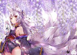 Rule 34 | 1girl, animal ear fluff, animal ears, bare shoulders, bell, black kimono, blurry, blurry background, blurry foreground, breasts, closed mouth, commentary request, cowboy shot, depth of field, flower, fox ears, fox girl, fox mask, fox tail, hair bell, hair between eyes, hair ornament, holding, holding mask, japanese clothes, jingle bell, kimono, kitsune, kyuubi, long hair, long sleeves, looking away, mask, unworn mask, multiple tails, obi, off shoulder, original, purple flower, red eyes, sash, short kimono, sidelocks, silver hair, sleeves past fingers, sleeves past wrists, small breasts, solo, tail, usagihime, very long hair, wide sleeves, wisteria