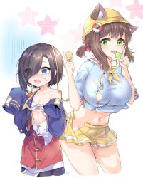 Rule 34 | 2girls, age switch, aged down, aged up, alternate breast size, animal ears, april fools, ark royal (azur lane), aye, azur lane, black hair, black skirt, blue eyes, blue jacket, blue shirt, blush, bow, breasts, brown hair, candy, cat ears, collarbone, commentary request, cowboy shot, ears through headwear, eyes visible through hair, flat chest, food, green eyes, groin, hair between eyes, hair ornament, hair over one eye, hat, highres, holding, holding candy, holding food, holding lollipop, index fingers raised, jacket, kindergarten uniform, large breasts, licking, lifebuoy, lollipop, long sleeves, looking at viewer, midriff, multiple girls, mutsuki (azur lane), navel, neckerchief, nose blush, off-shoulder jacket, off-shoulder shirt, off shoulder, open clothes, open mouth, open skirt, oversized clothes, pleated skirt, red shirt, ribbon, sailor collar, school hat, shirt, short hair, short sleeves, sidelocks, signature, simple background, skirt, sleeves past fingers, sleeves past wrists, smile, standing, star (symbol), starry background, sweatdrop, swim ring, taut clothes, taut shirt, tongue, tongue out, twintails, undersized clothes, wavy mouth, white background, white sailor collar, white shirt, yellow headwear, yellow neckerchief, yellow skirt