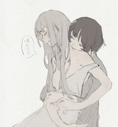 Rule 34 | 2girls, aki ( n ff), biting, black hair, closed mouth, collarbone, commentary request, crying, crying with eyes open, dress, grey background, grey hair, grey shirt, highres, hug, hug from behind, long hair, multiple girls, neck biting, original, shirt, short hair, speech bubble, strap slip, tears, translated, upper body, white dress, yuri