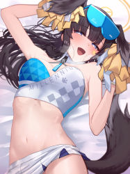 Rule 34 | 1girl, :d, absurdres, animal ears, aoi riko, black hair, blue archive, blue eyes, breasts, cleavage, eyewear on head, facial tattoo, halo, hibiki (blue archive), hibiki (cheer squad) (blue archive), highres, in heat, long hair, looking at viewer, lying, medium breasts, midriff, millennium cheerleader outfit (blue archive), navel, on back, open mouth, pom pom (cheerleading), smile, solo, star tattoo, sunglasses, tail, tattoo