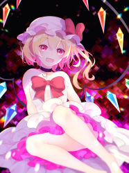 Rule 34 | 1girl, :d, alternate costume, bare legs, bare shoulders, barefoot, blonde hair, bow, choker, chromatic aberration, commentary request, crystal, dress, flandre scarlet, foot out of frame, frills, glint, happy, hat, heart, highres, lens flare, looking at viewer, mob cap, mosaic background, open mouth, panties, pink skirt, red bow, red eyes, shinketsu kanyu, short hair, sitting, skirt, smile, sparkle, strapless, strapless dress, touhou, underwear, white dress, white panties, wings