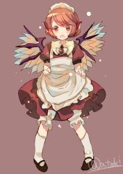 Rule 34 | 1girl, alternate costume, animal ears, apron, atoki, bird ears, bird wings, black footwear, blush, brown background, brown dress, brown eyes, dress, enmaided, feathered wings, frilled apron, frilled dress, frills, full body, highres, maid, maid apron, maid headdress, mystia lorelei, open mouth, pink hair, puffy short sleeves, puffy sleeves, shoes, short hair, short sleeves, simple background, socks, solo, touhou, twitter username, white apron, white socks, white wings, wings