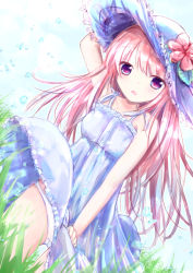 Rule 34 | 1girl, arm up, bare arms, bare shoulders, blue dress, blue hat, blue sky, blush, cloud, covering crotch, covering privates, day, dress, dutch angle, flower, grass, hat, hat flower, long hair, looking at viewer, open mouth, original, outdoors, panties, pink hair, red eyes, red flower, shihou haru, sky, sleeveless, sleeveless dress, solo, sun hat, underwear, very long hair, water drop, white panties