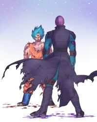 Rule 34 | 10s, 2boys, arms at sides, blood, blood on clothes, blood on face, blood splatter, blue background, blue eyes, blue hair, boots, clothes lift, dirty, dirty clothes, dirty face, dougi, dragon ball, dragon ball super, dragonball z, facing away, full body, gradient background, grin, hit (dragon ball), looking at another, male focus, multiple boys, serious, short hair, simple background, smile, son goku, spiked hair, standing, super saiyan, super saiyan blue, suzuki zentarou, torn clothes, white background