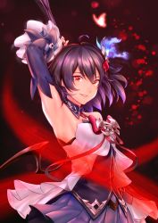 Rule 34 | 1girl, antenna hair, armpits, bare shoulders, black background, blue butterfly, bug, butterfly, dress, grin, hair between eyes, hair ornament, highres, holding, holding weapon, honkai (series), honkai impact 3rd, insect, looking at viewer, purple hair, purple sleeves, red butterfly, red eyes, scythe, seele (alter ego), seele vollerei, seele vollerei (swallowtail phantasm), shinachiku (uno0101), short hair, sleeveless, sleeveless dress, smile, solo, teeth, weapon