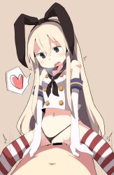 Rule 34 | 10s, 1boy, 1girl, animal ears, bar censor, bare shoulders, beige background, black eyes, black panties, blonde hair, blush, censored, clothing aside, dokan (dkn), elbow gloves, girl on top, gloves, heart, heavy breathing, hetero, highres, kantai collection, looking down, midriff, motion lines, navel, open mouth, panties, panties aside, rabbit ears, reverse cowgirl position, sex, sex from behind, shimakaze (kancolle), simple background, solo focus, spoken heart, straddling, striped clothes, striped thighhighs, sweatdrop, thighhighs, underwear, vaginal, white gloves