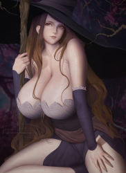 Rule 34 | 1girl, bare shoulders, breasts, brown eyes, brown hair, detached sleeves, dragon&#039;s crown, dress, hat, holding, holding staff, huge breasts, lips, long hair, looking at viewer, sitting, solo, sorceress (dragon&#039;s crown), staff, strapless, strapless dress, teemu taiga, witch hat