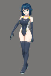 Rule 34 | 1girl, awono nanaumi, black gloves, black one-piece swimsuit, black thighhighs, blue hair, breasts, cleavage, closed mouth, collarbone, commentary request, competition swimsuit, elbow gloves, fukami nana (awono nanaumi), full body, gloves, grey background, hair flaps, hand up, highres, large breasts, looking at viewer, one-piece swimsuit, original, short hair, simple background, smile, solo, swimsuit, thighhighs