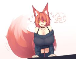 Rule 34 | 1girl, ?, animal ear fluff, animal ears, bare shoulders, black socks, black sweater, breasts, burger, choker, cleavage, collarbone, fluffy, fox ears, fox girl, fox tail, gradient background, happy, huge breasts, leaning forward, long hair, motion lines, off shoulder, open mouth, orange eyes, orange hair, sam (sub-res), socks, solo, sparkle, speech bubble, sub-res, sweater, tail, thighhighs, thighs, white background