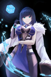 Rule 34 | 1girl, asymmetrical gloves, bangle, bare shoulders, black background, black thighhighs, blue dress, bob cut, bracelet, breasts, bright pupils, cleavage, cowboy shot, diagonal bangs, dice, dress, elbow gloves, feather-trimmed jacket, feather collar, frontera, fur-trimmed jacket, fur trim, genshin impact, gloves, green eyes, highres, jacket, jacket on shoulders, jewelry, large breasts, looking at viewer, mismatched gloves, mole, multicolored hair, neck ring, neck tassel, pants, pelvic curtain, short hair, simple background, single elbow glove, smile, solo, splashing, tassel, tassel choker, thighhighs, tight clothes, tight pants, vision (genshin impact), water, white jacket, white pupils, yelan (genshin impact)