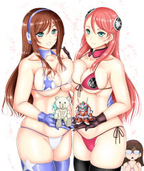 Rule 34 | 10s, 3girls, :d, aida rayhunton, asymmetrical docking, bare shoulders, beargguy f, bikini, black gloves, black legwear, blue gloves, blue legwear, blush, breast envy, breast press, breasts, brown hair, cleavage, collarbone, curvy, detached collar, front-tie bikini top, front-tie top, g-arcane, glasses, gloves, green eyes, gundam, gundam build fighters, gundam build fighters try, gundam g no reconguista, gunpla, headphones, jealous, kamiki mirai, kousaka china, large breasts, long hair, multiple girls, open mouth, otone, shaded face, side-tie bikini bottom, smile, standing, string bikini, stuffed animal, stuffed toy, swimsuit, thick thighs, thighhighs, thighs, toy, triangle mouth, wide hips