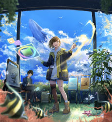 Rule 34 | 1boy, 1girl, :d, angelfish, animal, asymmetrical legwear, black jacket, blue shorts, blue sky, blurry, boots, brown hair, brown thighhighs, canvas (object), cloud, cloudy sky, day, denim, denim jacket, depth of field, fantasy, fish, flying whale, hammerhead shark, holding, holographic interface, hood, hoodie, id card, jacket, leg ribbon, looking at viewer, mismatched legwear, moorish idol, open clothes, open jacket, open mouth, original, paintbrush, painting (action), plant, potted plant, ribbon, sakeharasu, scenery, short hair, short shorts, shorts, single sock, single thighhigh, sitting, sky, smile, socks, standing, sunlight, teeth, thighhighs, tropical fish, upper teeth only, whale