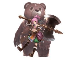 Rule 34 | 10s, 1girl, abby (shingeki no bahamut), animal, axe, backpack, bag, bare shoulders, battle axe, bear, blue ribbon, boots, brown eyes, brown footwear, brown gloves, claws, closed mouth, crescent, crop top, eyebrows, full body, fur collar, fur trim, gloves, granblue fantasy, green shorts, hair ribbon, holding, holding weapon, huge weapon, leg up, looking at viewer, minaba hideo, navel, official art, over shoulder, pink hair, puffy pants, ribbon, shingeki no bahamut, short hair, short ponytail, shorts, sleeveless, smile, solo, standing, standing on one leg, transparent background, weapon, weapon over shoulder