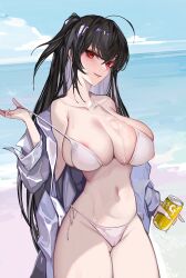 Rule 34 | 1girl, absurdres, ahoge, areola slip, azur lane, bikini, black hair, blue sky, breasts, can, cloud, highres, holding, holding can, jacket, large breasts, long hair, looking at viewer, navel, ocean, official alternate costume, open clothes, open jacket, outdoors, red eyes, sky, solo, sweat, swimsuit, taihou (azur lane), taihou (seaside daydreams) (azur lane), white bikini, yaoshan shi