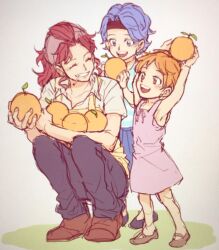Rule 34 | 3girls, aged down, aokamei, bellemere, blue hair, child, cigarette, closed eyes, dress, family, food, fruit, full body, happy, headband, highres, holding, holding food, holding fruit, long hair, low ponytail, mandarin orange, mohawk, mother and daughter, multiple girls, nami (one piece), nojiko, one piece, open mouth, orange hair, outdoors, pink dress, pink hair, ponytail, short hair, short sleeves, siblings, sisters, smile, squatting, teeth