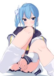 Rule 34 | 1girl, :t, absurdres, blue eyes, blue hair, blue shirt, blush, collared shirt, commentary request, covering privates, covering crotch, feet, foot focus, foot out of frame, foreshortening, hair ribbon, highres, hololive, hoshimachi suisei, hoshimachi suisei (school uniform), jacket, knees up, kuronekootuta, long hair, miniskirt, neckerchief, no shoes, off shoulder, pleated skirt, pout, ribbon, shirt, side ponytail, sidelocks, simple background, sitting, skirt, socks, soles, solo, star (symbol), star in eye, symbol in eye, thighs, virtual youtuber, white background, white jacket, white socks, yellow neckerchief