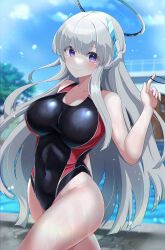 Rule 34 | 1girl, absurdres, amamiya kure, black one-piece swimsuit, blue archive, blue sky, breasts, building, competition swimsuit, covered navel, day, grey hair, halo, headgear, highleg, highleg swimsuit, highres, large breasts, looking at viewer, mechanical halo, noa (blue archive), one-piece swimsuit, outdoors, pool, purple eyes, red one-piece swimsuit, sky, smile, solo, standing, swimsuit, two-tone swimsuit