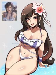 Rule 34 | 1girl, 2024, :d, armband, artist name, bikini, black hair, breasts, cleavage, commentary, cross-laced clothes, derivative work, english commentary, female focus, final fantasy, final fantasy vii, final fantasy vii rebirth, final fantasy vii remake, flower, flower on head, frilled bikini, frills, grey background, groin, halterneck, highleg, highleg bikini, highres, large breasts, legs together, long hair, navel, official alternate costume, open mouth, ponytail, red eyes, ribbon, screenshot redraw, shiny skin, simple background, sitting, smile, solo, square enix, swimsuit, tifa lockhart, touyarokii, two-tone bikini, very long hair, water
