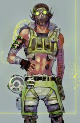 Rule 34 | 1boy, abs, apex legends, arm tattoo, bad id, bad pixiv id, bandaged arm, bandages, black gloves, black headwear, blue background, cable, fingerless gloves, gloves, glowing, goggles, grey shorts, highres, kawaniwa, male focus, mask, midriff, mouth mask, navel, octane (apex legends), open hand, shorts, solo, tattoo