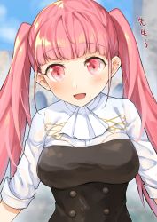 Rule 34 | 1girl, ascot, belt, blunt bangs, breasts, dress, female focus, fire emblem, fire emblem: three houses, fukuroumori, highres, hilda valentine goneril, long hair, looking at viewer, matching hair/eyes, medium breasts, nintendo, open mouth, pink eyes, pink hair, simple background, smile, solo, thighhighs, twintails, uniform, upper body