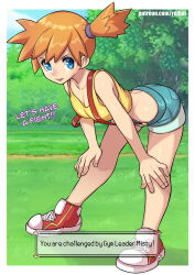 Rule 34 | 1girl, artist name, bandeau, bent over, blue eyes, blush, breasts, commentary, creatures (company), day, denim, denim shorts, english text, full body, game freak, looking at viewer, medium breasts, misty (pokemon), multicolored footwear, nintendo, open mouth, orange bandeau, orange hair, outdoors, pokemon, pokemon (anime), pokemon (classic anime), pokemon lgpe, red footwear, redjet, shoes, short hair, short shorts, shorts, side ponytail, smile, sneakers, solo, suspenders, watermark, web address