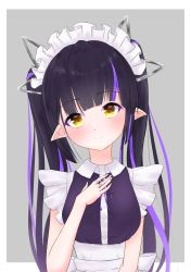 Rule 34 | 1girl, nanashi inc., absurdres, alternate costume, apron, black hair, blunt bangs, blush, breasts, closed mouth, commentary request, demon girl, demon horns, dress, enmaided, frilled apron, frills, grey background, highres, horns, jewelry, kiyama motonobu, kojo anna, long hair, looking at viewer, maid, maid apron, maid headdress, medium breasts, multicolored hair, neck ribbon, pointy ears, purple dress, purple hair, purple ribbon, ribbon, ring, smile, solo, sugar lyric, twintails, two-tone background, two-tone hair, upper body, virtual youtuber, white apron, white background, yellow eyes