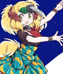 Rule 34 | 1girl, bird girl, bird tail, bird wings, blonde hair, blue background, choker, dress, feathered wings, greater bird-of-paradise (kemono friends), head wings, highres, kanmoku-san, kemono friends, long hair, looking at viewer, open mouth, simple background, smile, solo, tail, wings, wristband, yellow eyes