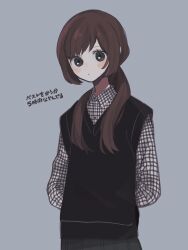 Rule 34 | 1girl, arms behind back, blush stickers, brown eyes, brown hair, collared shirt, expressionless, gingham, gingham shirt, highres, long hair, long sleeves, looking at viewer, maco22, original, pleated skirt, ponytail, shirt, skirt, solo, split ponytail, sweater vest, translation request