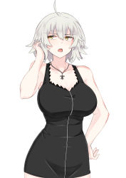 Rule 34 | 1girl, black dress, breasts, collarbone, dress, fate/grand order, fate (series), grey hair, hair between eyes, highres, jacket, jeanne d&#039;arc alter (fate), jewelry, large breasts, medium hair, necklace, open mouth, paid reward available, shirt, simple background, solo, white background, yellow eyes, zatsu