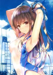 Rule 34 | 1girl, absurdres, amami anzu, armpits, arms up, blue sky, blush, breasts, brown eyes, brown hair, closed mouth, cloud, cloudy sky, competition swimsuit, covered navel, day, highres, huge filesize, long hair, looking at viewer, medium breasts, misaki kurehito, one-piece swimsuit, original, outdoors, shiny clothes, side ponytail, sidelocks, sky, smile, solo, swimsuit, undressing, water drop, wet, wet clothes, wet swimsuit